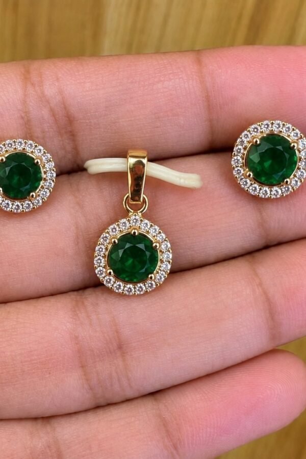 92.5 silver rose gold plated rounded green stoned pendant set