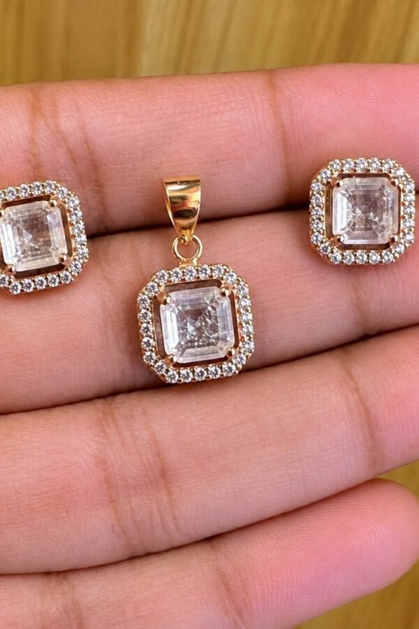92.5 silver rose gold plated square shaped diamond inspired pendant set