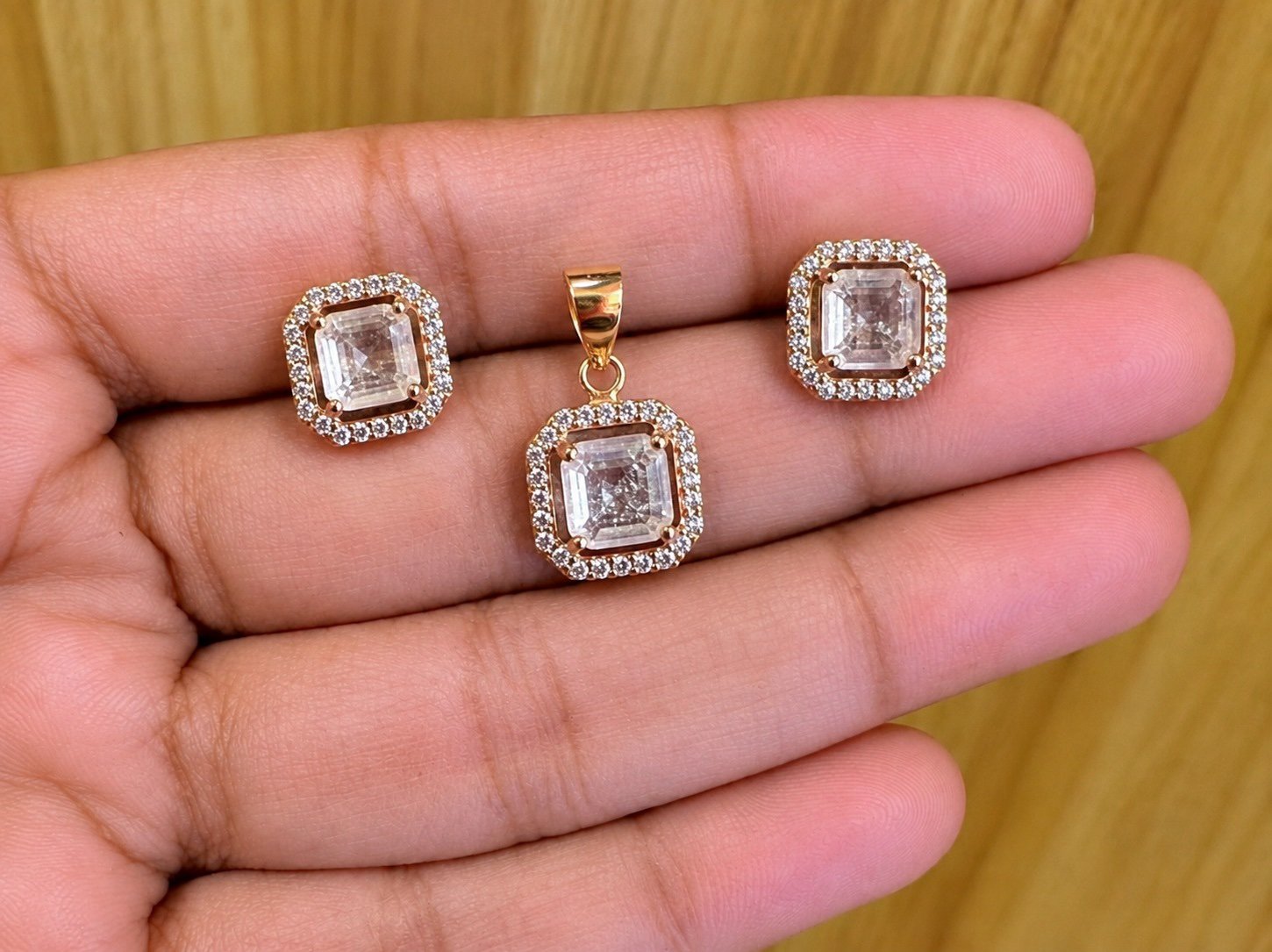 92.5 silver rose gold plated square shaped diamond inspired pendant set