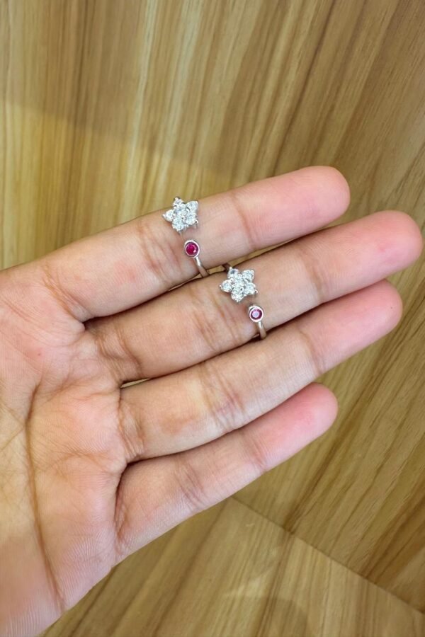 92.5 silver floral red stoned adjustable toe rings