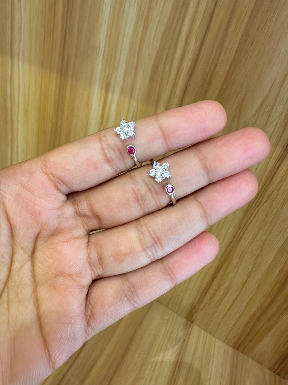 92.5 silver floral red stoned adjustable toe rings