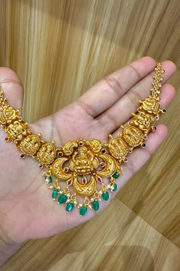 92.5 Silver gold plated nagas lakshmi with green beads and pearls necklace