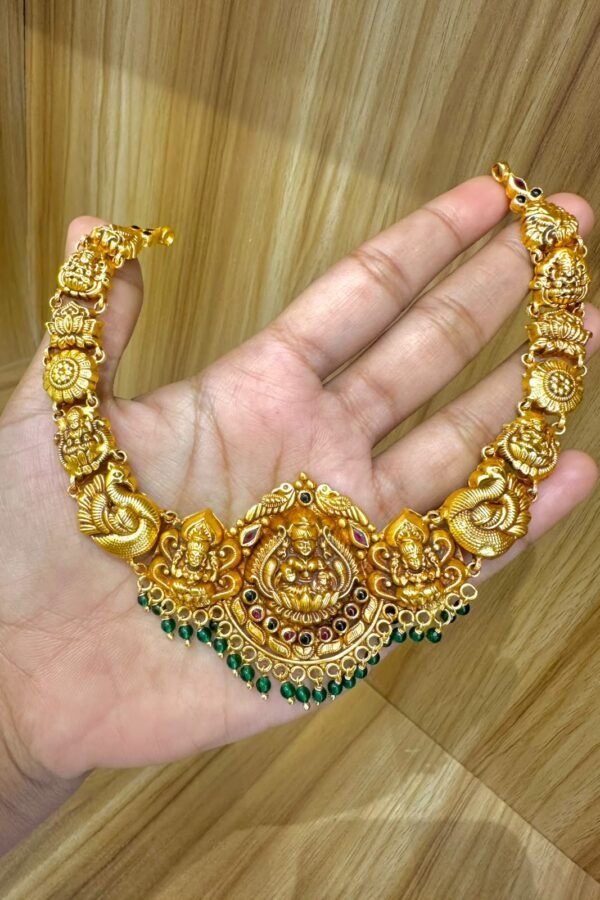 92.5 silver gold plated broad lakshmi with green beads necklace