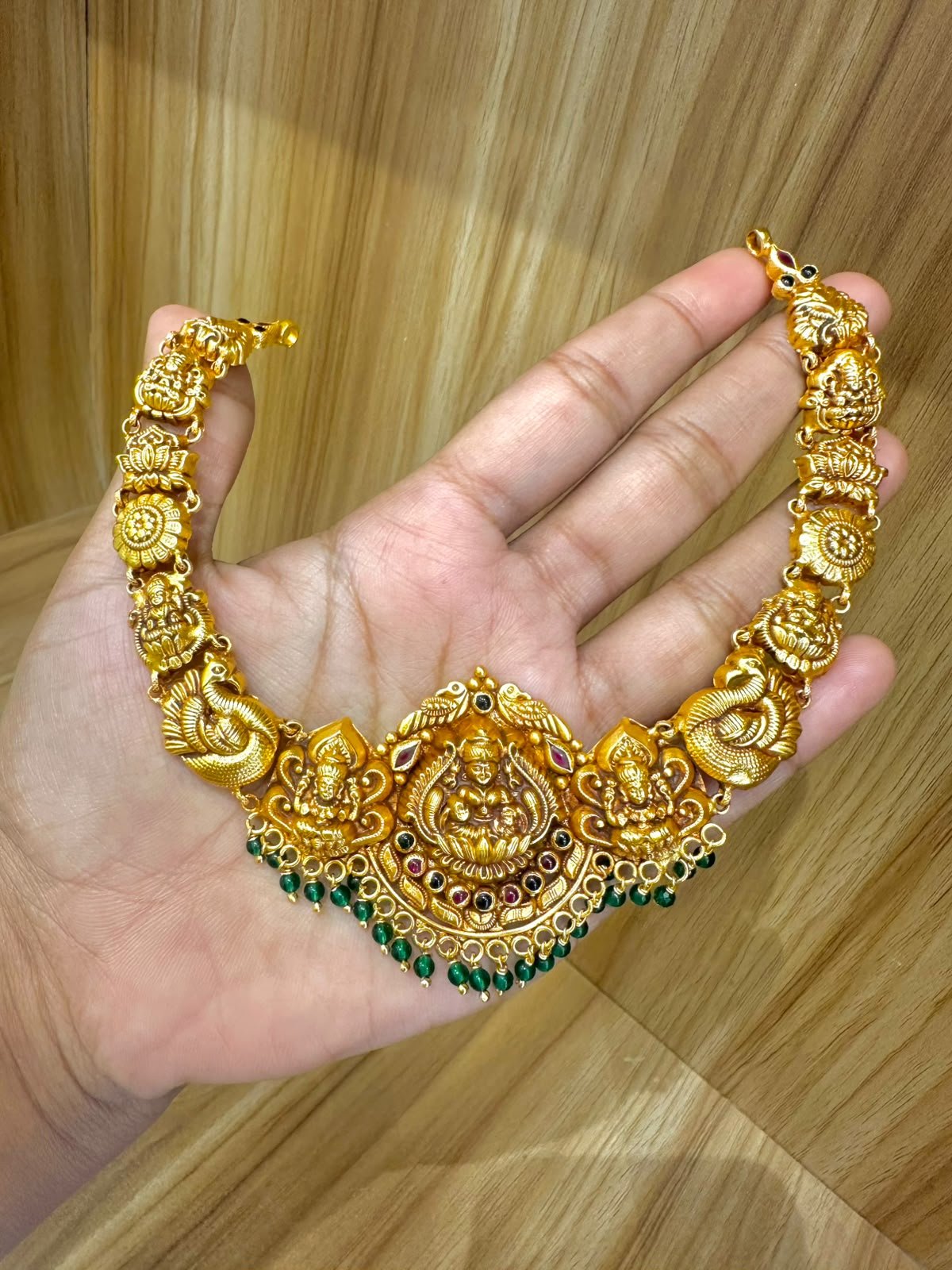92.5 silver gold plated broad lakshmi with green beads necklace