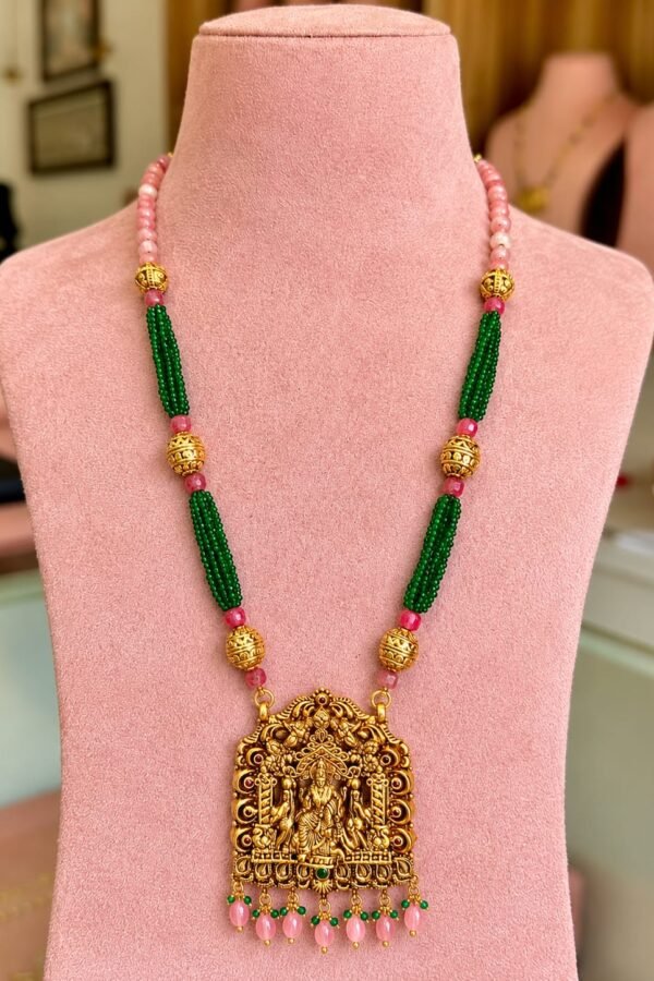 92.5 Silver Gold Plated Green Beads Temple Haram