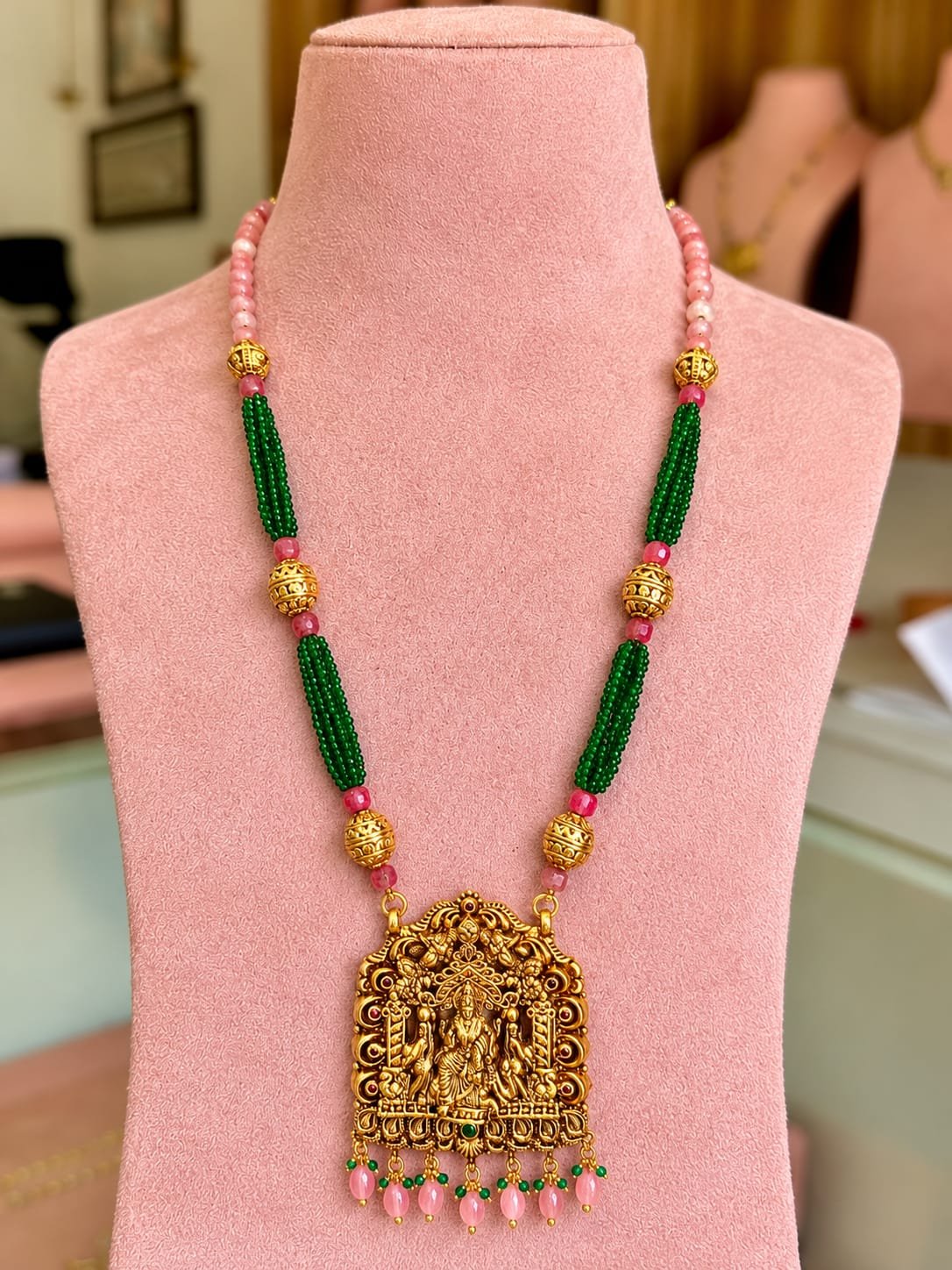 92.5 Silver Gold Plated Green Beads Temple Haram